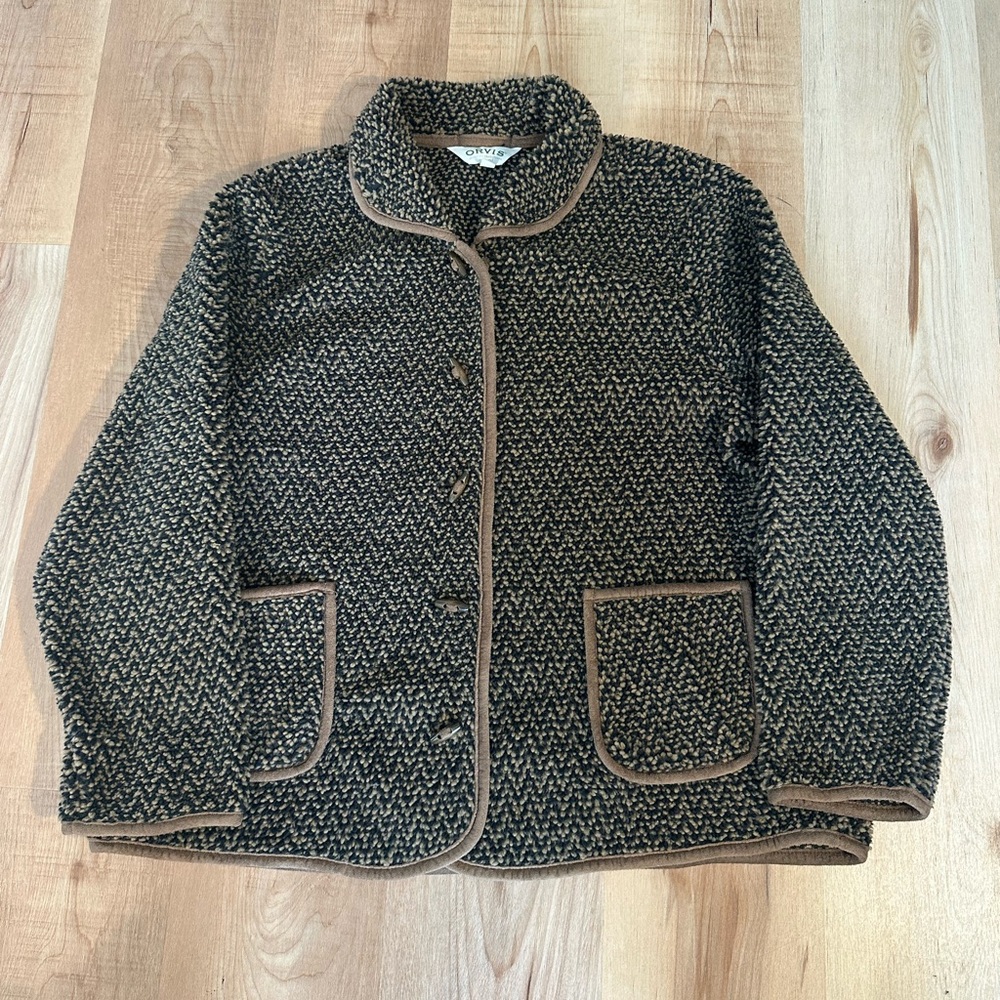 Orvis Button Front Berber Fleece Brown &Black Women's Sz XL